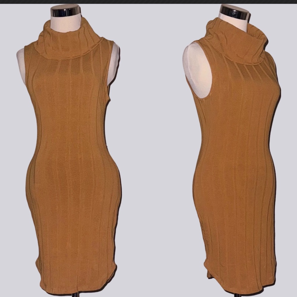 Cowl Neck Sweater Dress-Camel